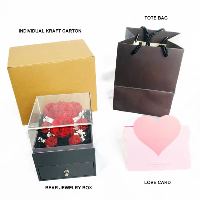 Roses Bear in Glass,Eternal Preserved Rose Bear,Lovely Teddy Bear,With Jewelry Gift Box,Wedding Valentine Birthday for Girfriend