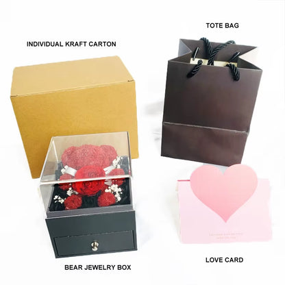 Roses Bear in Glass,Eternal Preserved Rose Bear,Lovely Teddy Bear,With Jewelry Gift Box,Wedding Valentine Birthday for Girfriend