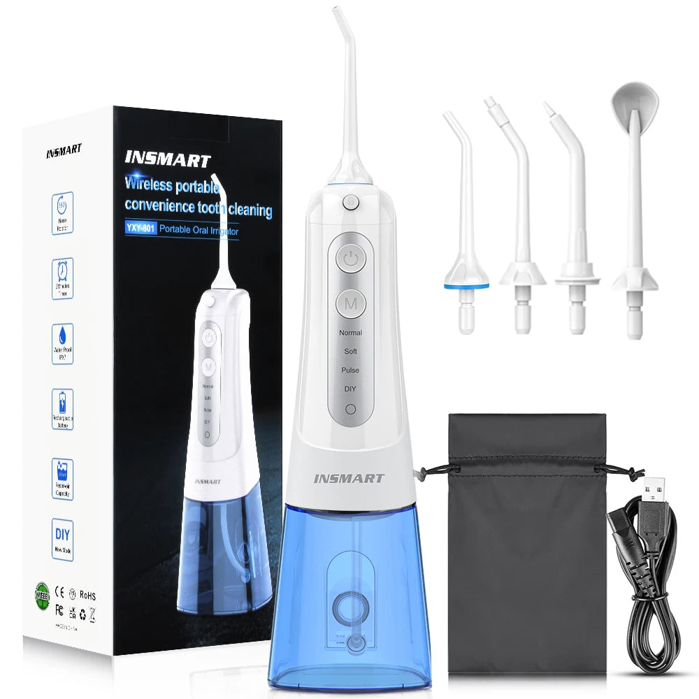 INSMART Portable Oral Irrigator and Dental Water Flosser with Teeth Whitening Function, Waterproof Design, 300ML Capacity