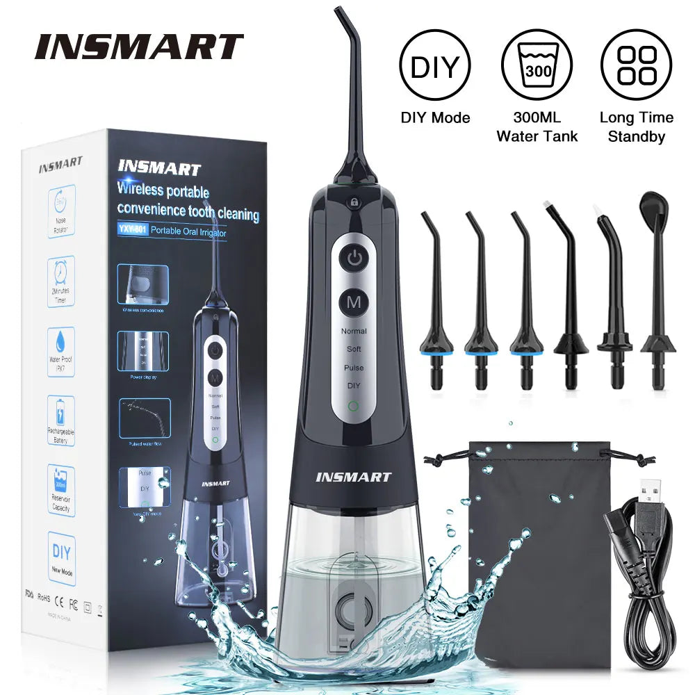 INSMART Portable Oral Irrigator and Dental Water Flosser with Teeth Whitening Function, Waterproof Design, 300ML Capacity