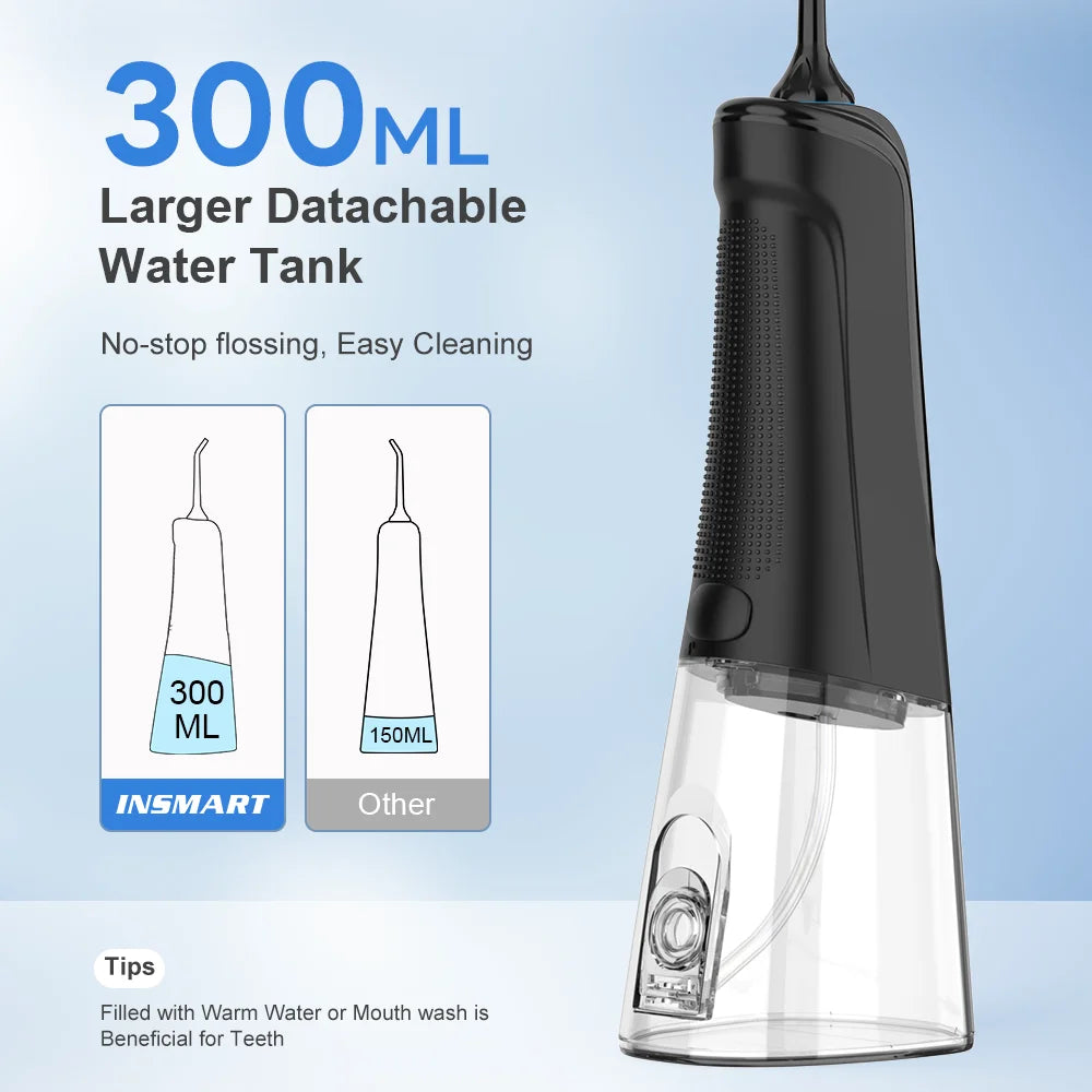 INSMART Portable Oral Irrigator and Dental Water Flosser with Teeth Whitening Function, Waterproof Design, 300ML Capacity