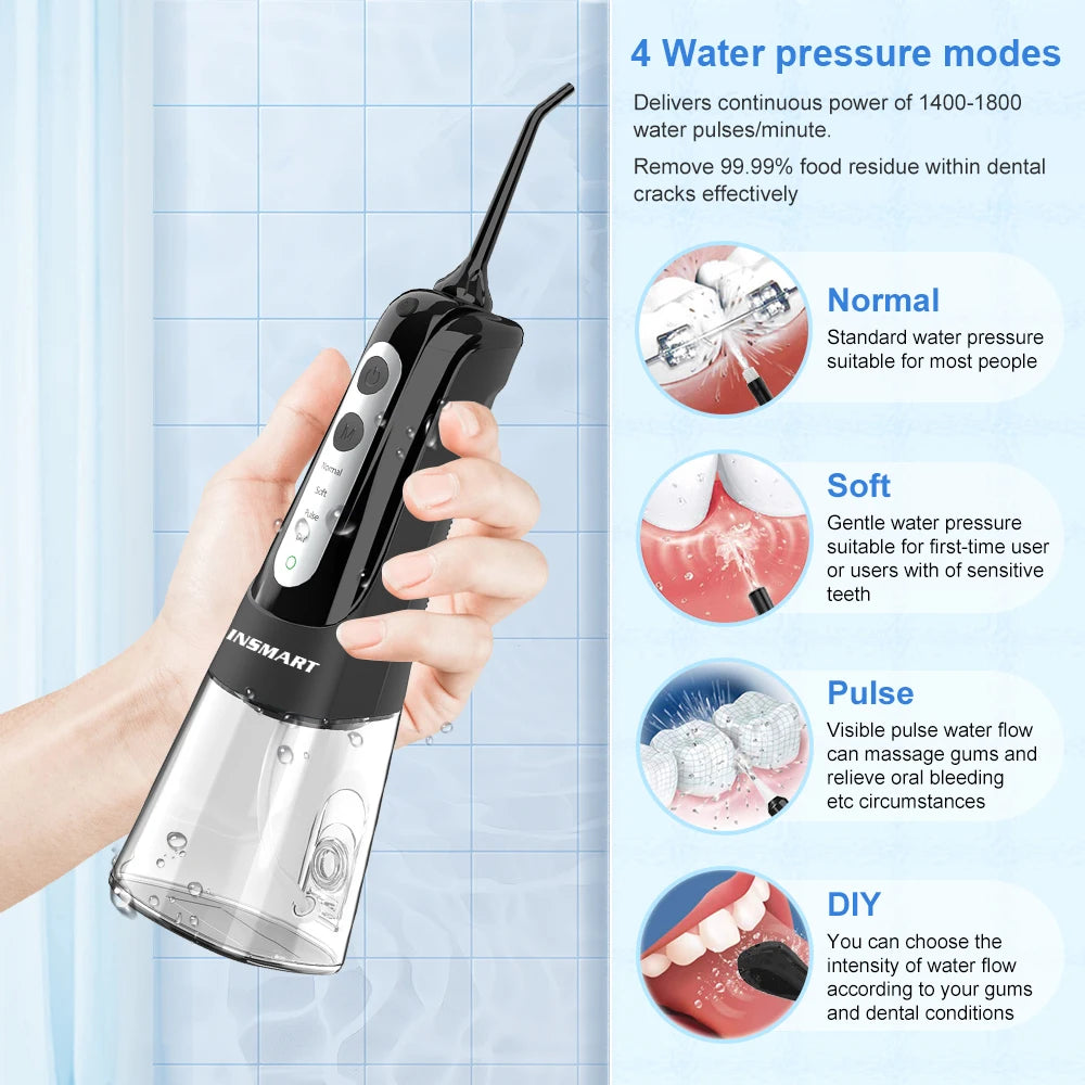 INSMART Portable Oral Irrigator and Dental Water Flosser with Teeth Whitening Function, Waterproof Design, 300ML Capacity